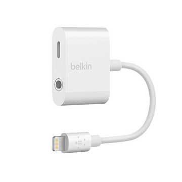 贝尔金（BELKIN）苹果转接头充电听歌二合一耳机充电音频适配器分线器iPhone专用3.5mm+Lightning一拖二白色