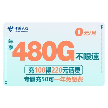 中国电信 流量卡手机卡电话卡手机号无线纯流量不限速上网卡5g通用 【包年卡】年享480G不限速专属充50用1年